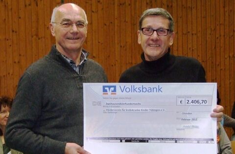 Johann Steffl, Vorsitzender der Liederlust Ohmden (links), überreichte einen Scheck über mehr als 2¿400 Euro an Kurt Kaiser vom Johann Steffl, Vorsitzender der Liederlust Ohmden (links), überreichte einen Scheck über mehr als 2¿400 Euro an Kurt Kaiser vom