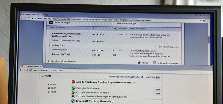 Zwei Online-Fahrpläne, zwei verschiedene Auskünfte: die  Internet-Seiten von VVS und Bahn.
