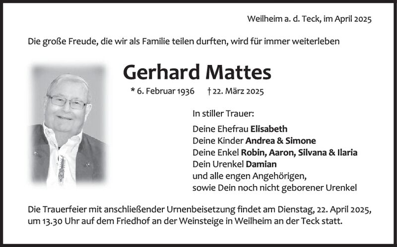 Trauer Gerhard Mattes