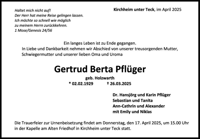 Trauer Gertrud Berta Pflüger