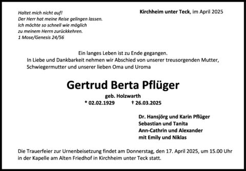 Trauer Gertrud Berta Pflüger