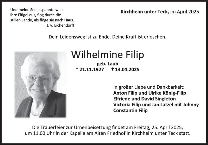 Trauer Wilhemine Filip