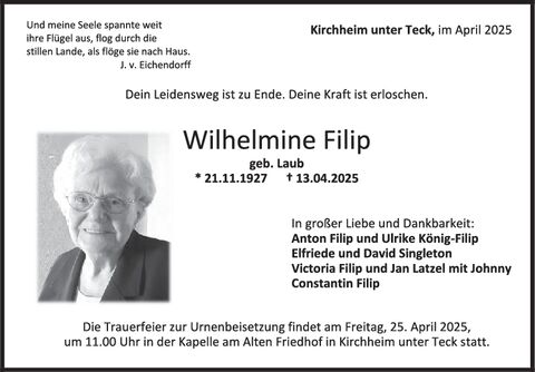 Trauer Wilhemine Filip