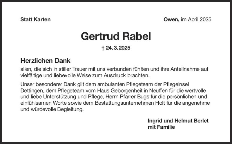 Danksagung Gertrud Rabel