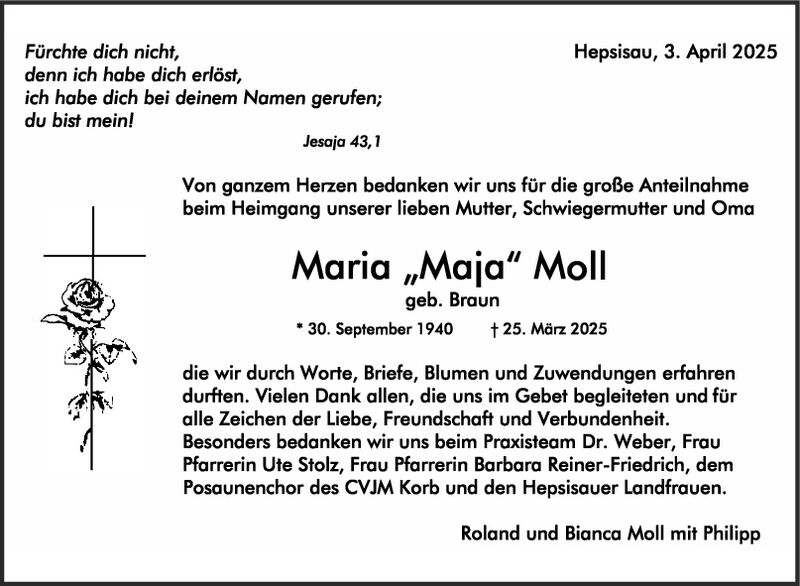 Danksagung Maria "Maja" Moll