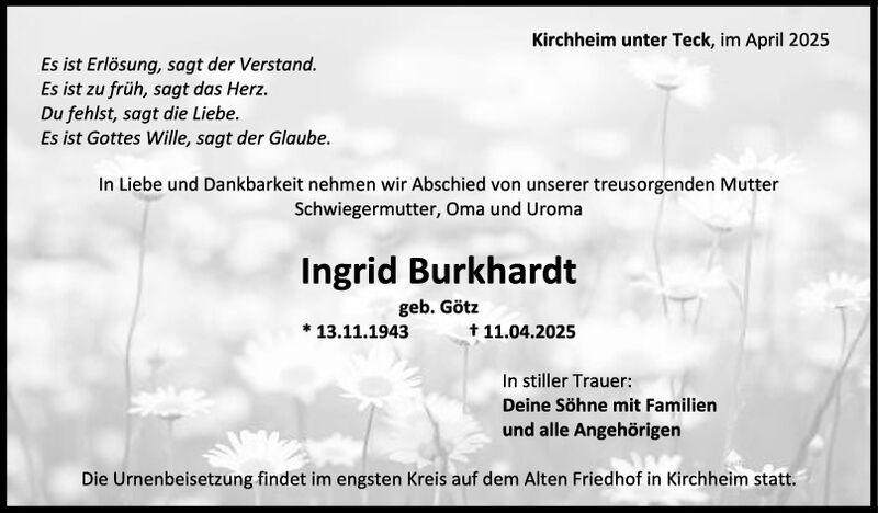 Trauer Ingrid Burkhardt