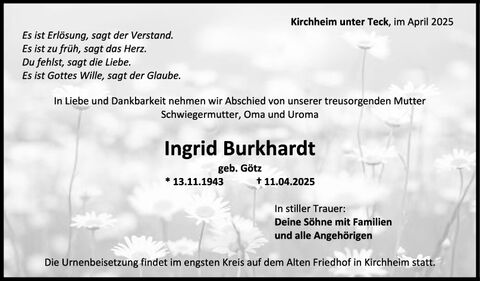 Trauer Ingrid Burkhardt