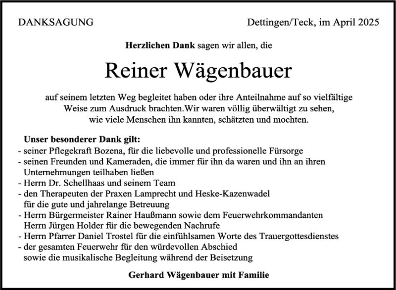 Danksagung Reiner Wägenbauer