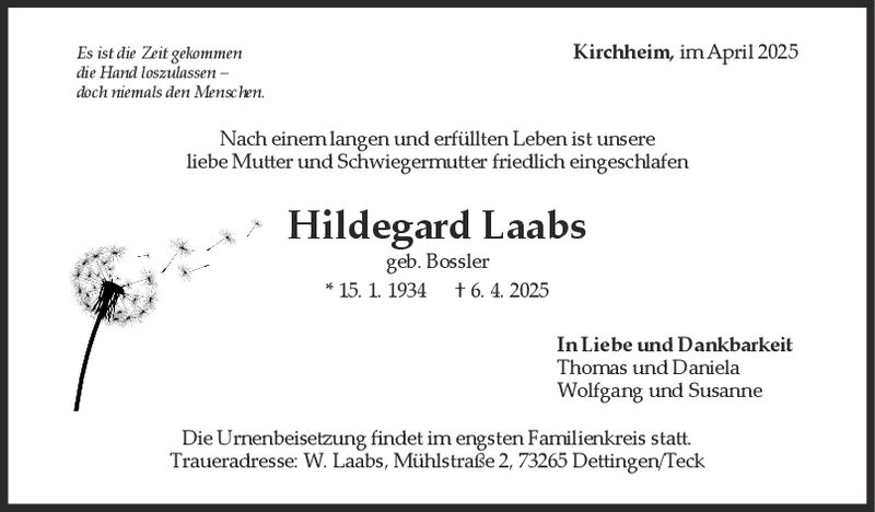 Trauer Hildergard Laabs