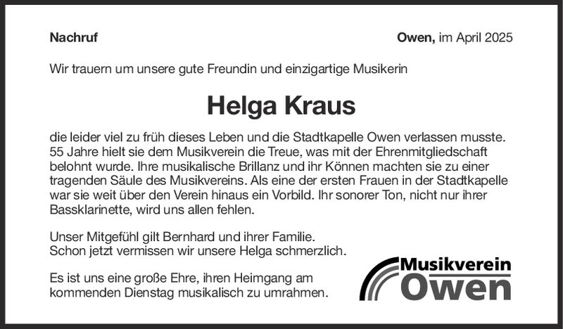Nachruf Helga Kraus