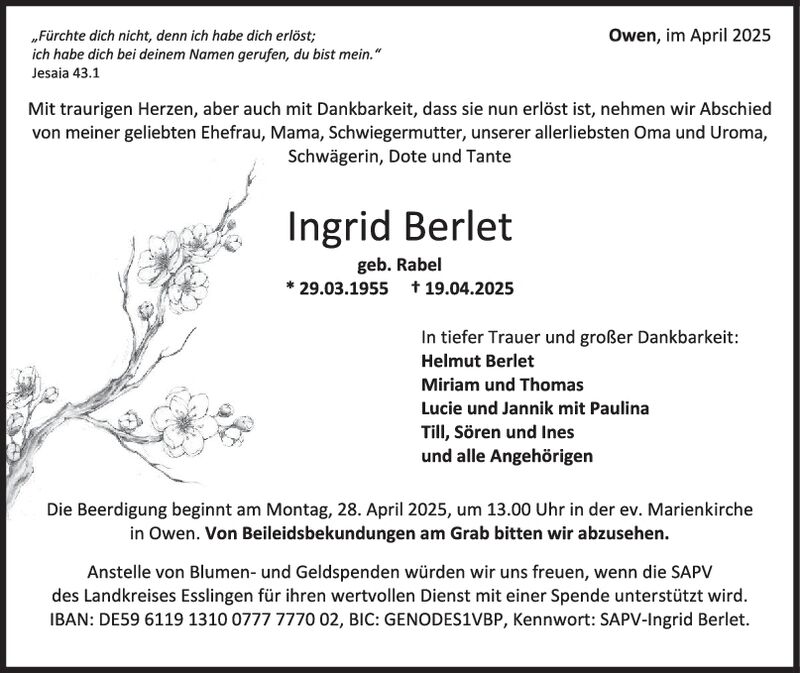 Trauer Ingrid Berlet