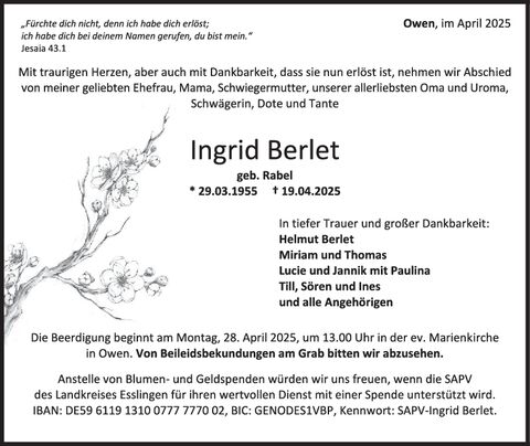 Trauer Ingrid Berlet