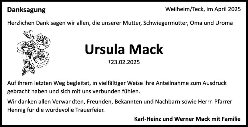 Danksagung Ursula Mack