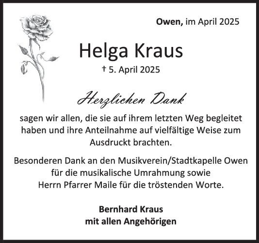 Danksagung Helga Kraus