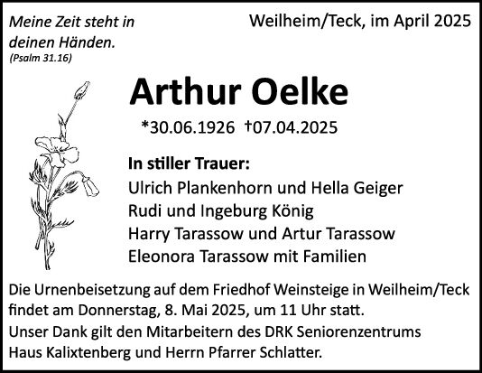 Trauer Arthur Oelke