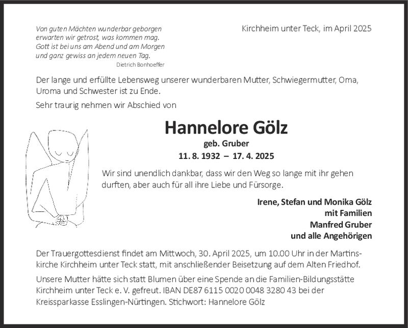 Trauer Hannelore Gölz