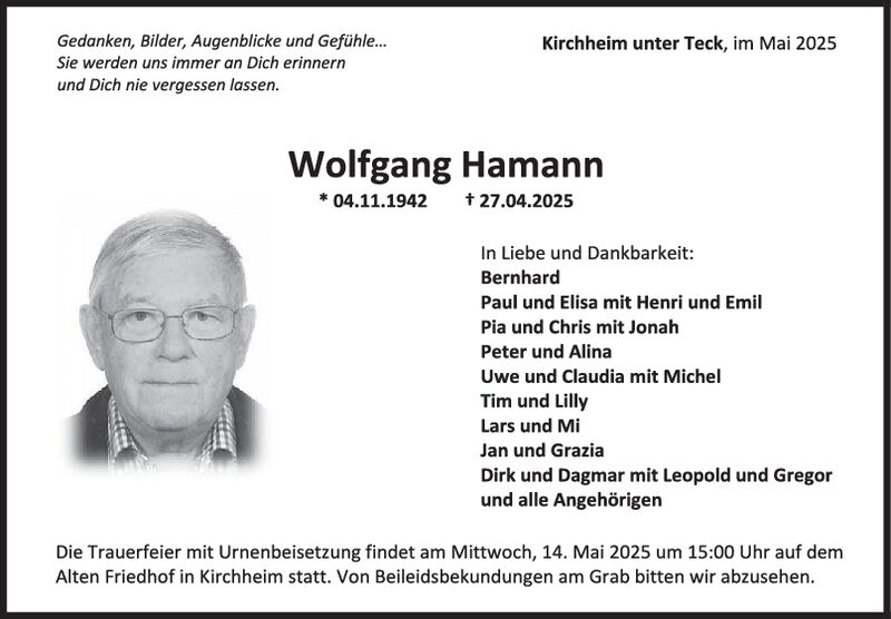 Trauer Wolfgang Hamann
