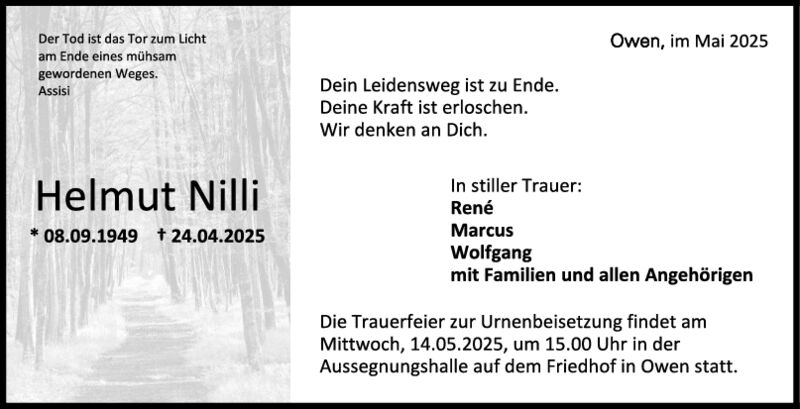 Trauer Helmut Nilli