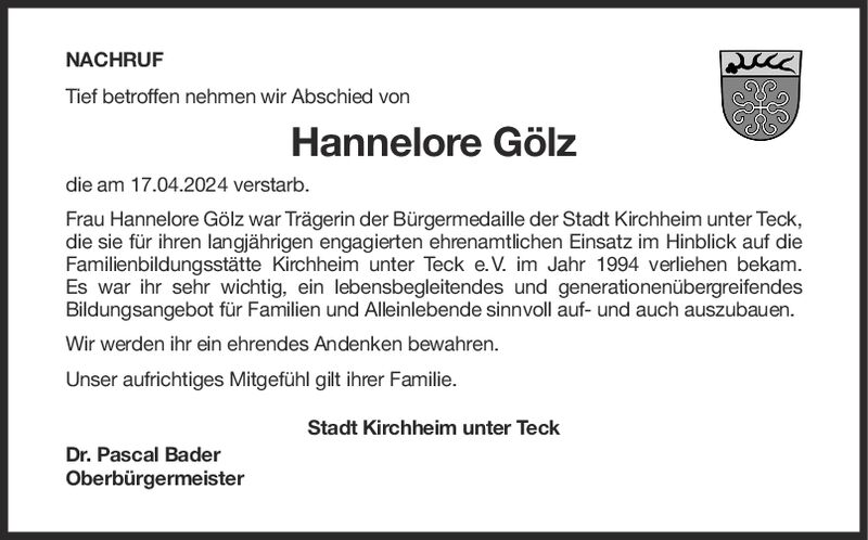 Nachruf Hannelore Gölz