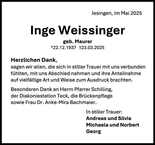 Danksagung Inge Weissinger