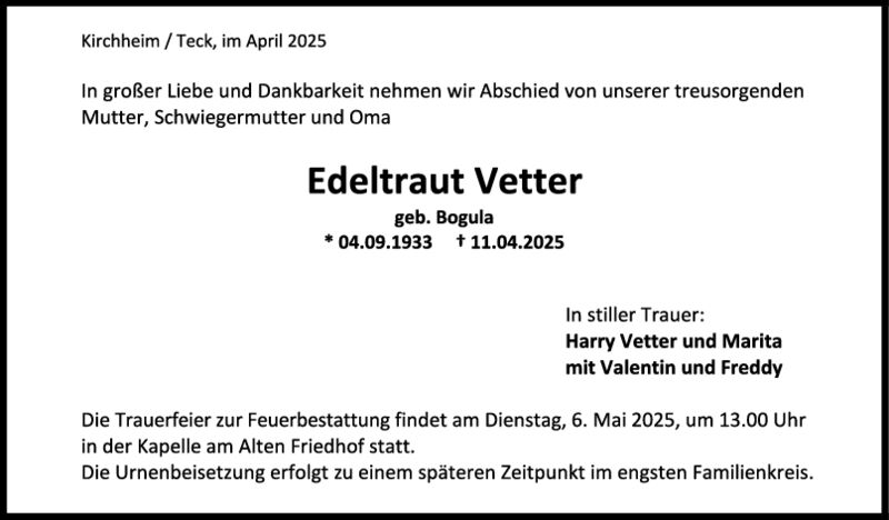 Trauer Edeltraut Vetter