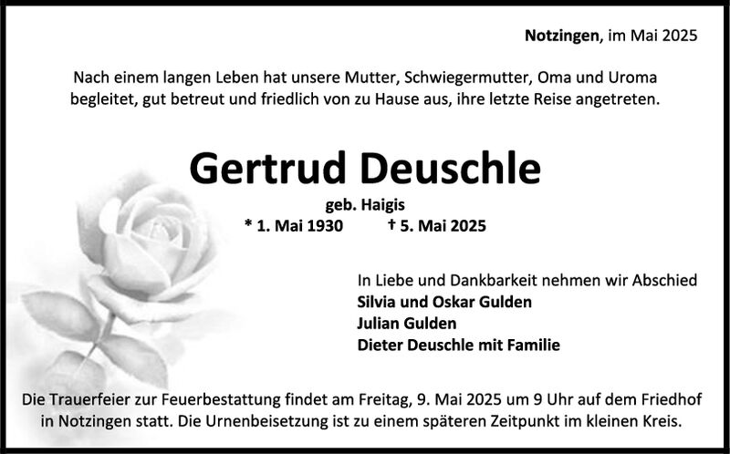 Trauer Gertrud Deuschle