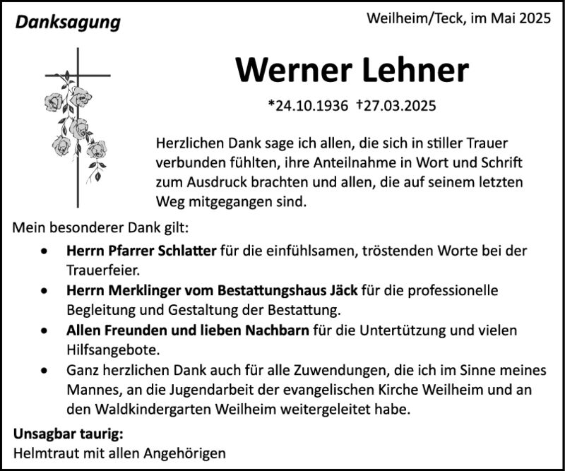 Danksagung Werner Lehner