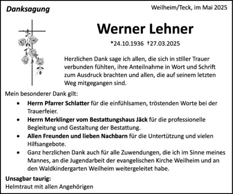 Danksagung Werner Lehner