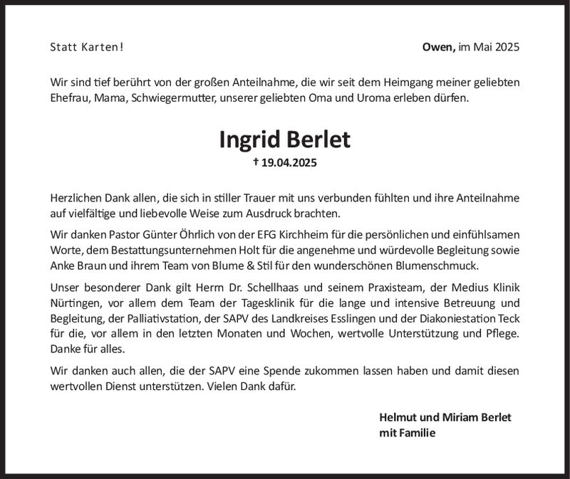 Danksagung Ingrid Berlet