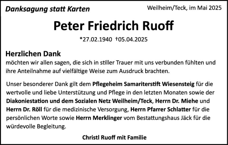 Danksagung Peter Friedrich Ruoff