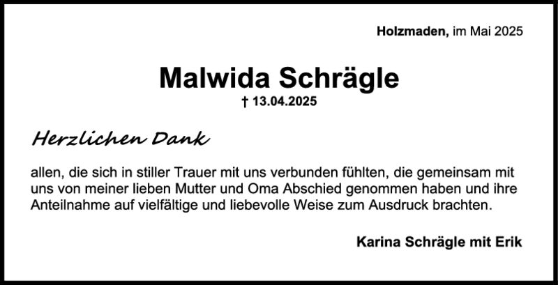 Danksagung Malwida Schrägle