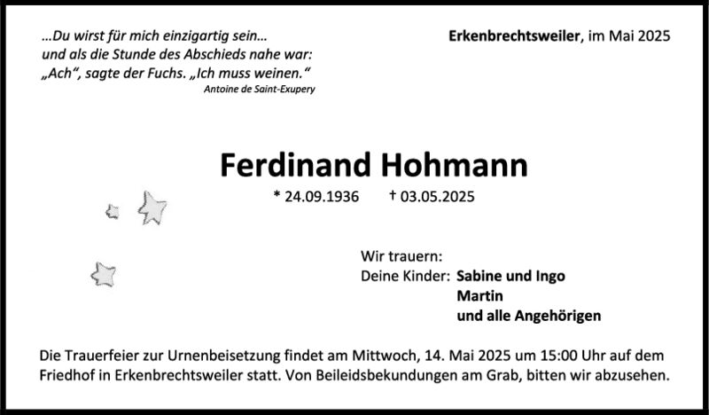 Trauer Ferdinand Hohmann