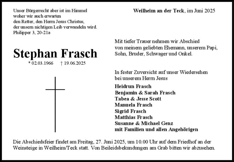 Traueranzeige Stephan Frasch Traueranzeige Stephan Frasch