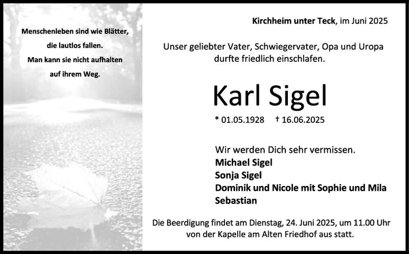Trauer Karl Sigel Trauer Karl Sigel