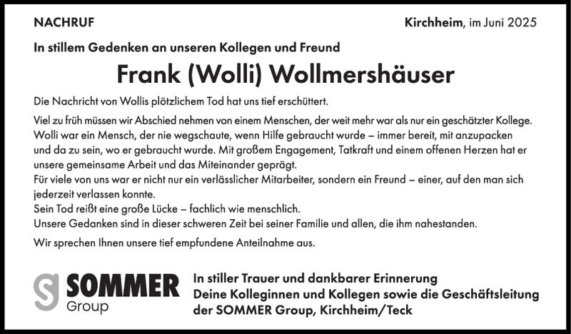 Nachruf Frank Wollmershäuser