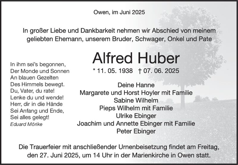 Trauer Alfred Huber