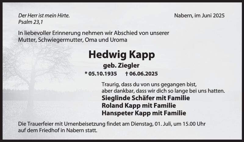 Trauer Hedwig Kapp