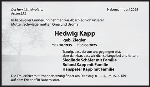 Trauer Hedwig Kapp