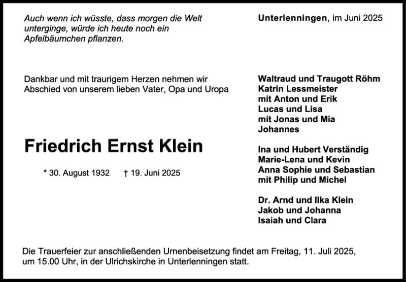 Trauer Friedrich Ernst Klein