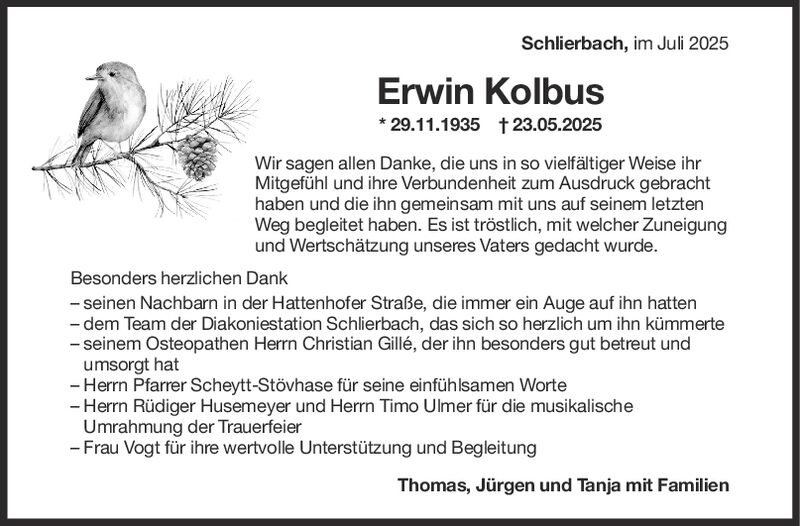 Danksagung Erwin Kolbus