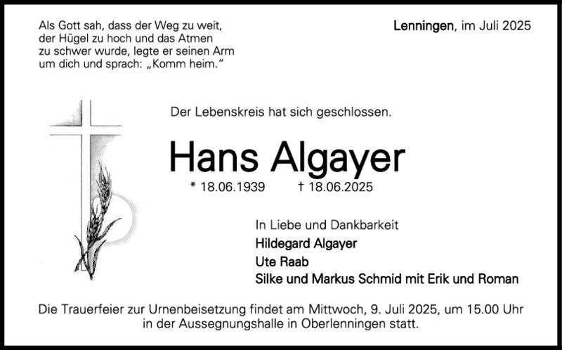 Trauer Hans Algayer