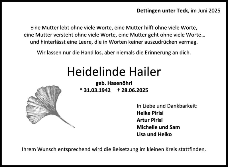 Trauer Heidelinde Hailer
