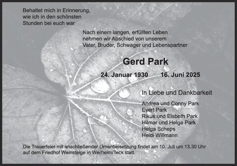 Trauer Gerd Park