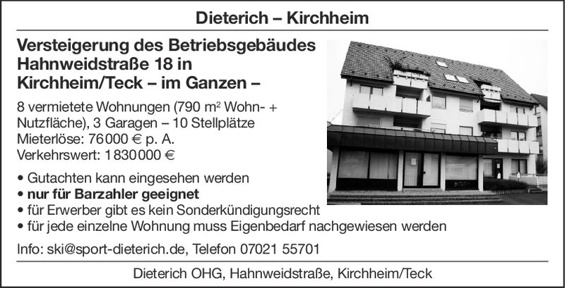 Versteigerung des Betriebsgebäudes