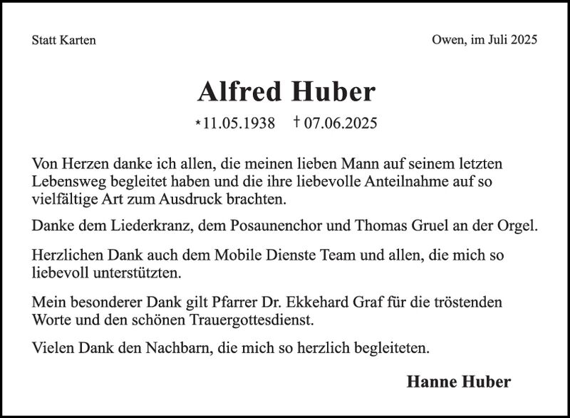 Danksagung Alfred Huber