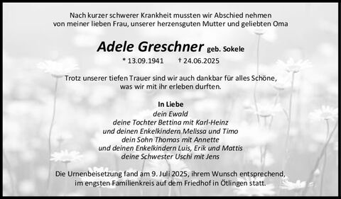 Trauer Adele Greschner