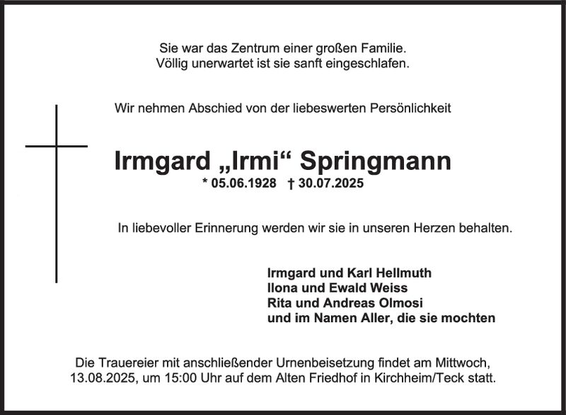 Trauer Irmgard Springmann