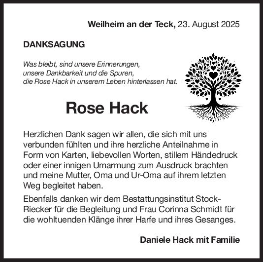 Danksagung Rose Hack