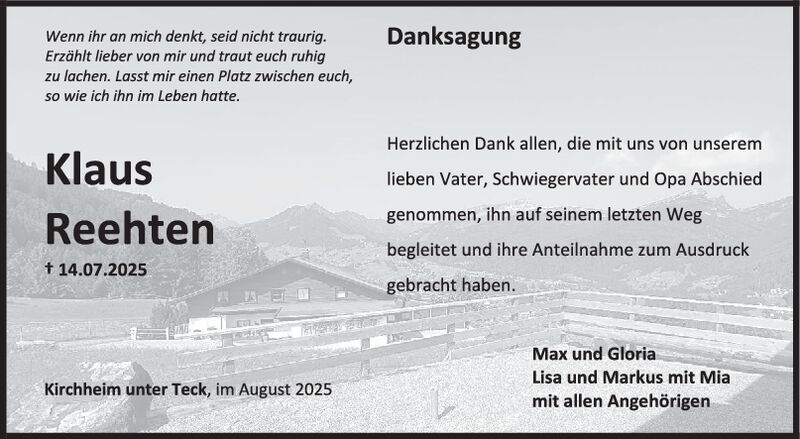 Danksagung Klaus Reehten