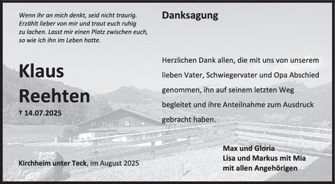 Danksagung Klaus Reehten
